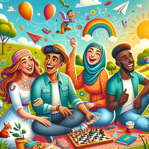 A fun and vibrant illustration of a diverse group of friends hanging out, laughing, and engaging in playful activities, capturing the spirit of friendship and camaraderie, with whimsical elements and a colorful background.