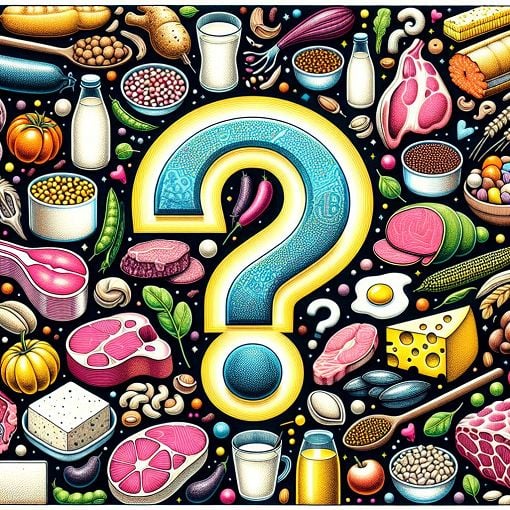 A colorful illustration of various protein sources including meat, legumes, and dairy products with a question mark in the center, representing a quiz about nutrition.