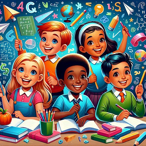 A colorful and engaging illustration featuring children happily taking a quiz, with books, pencils, and educational symbols in the background.