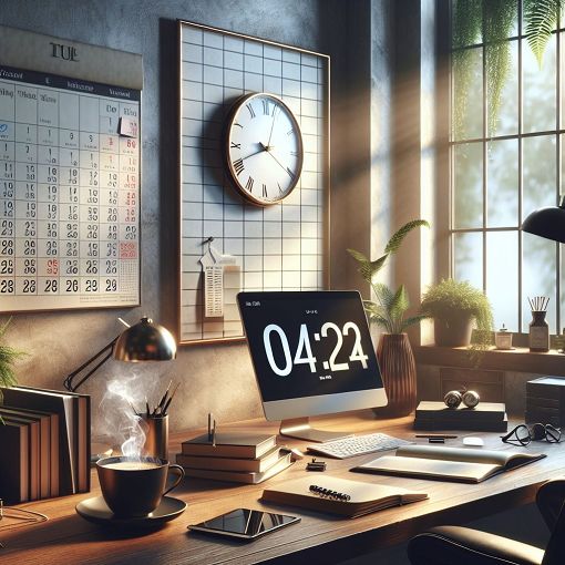 A serene workspace with a clock, calendar, and coffee cup, depicting time management and productivity.