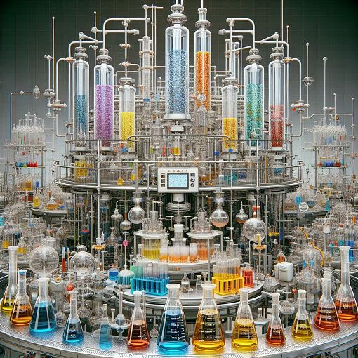 Create an intricate laboratory scene depicting chromatography in action, featuring various glassware, colorful liquids, and chromatography columns surrounded by scientific equipment.