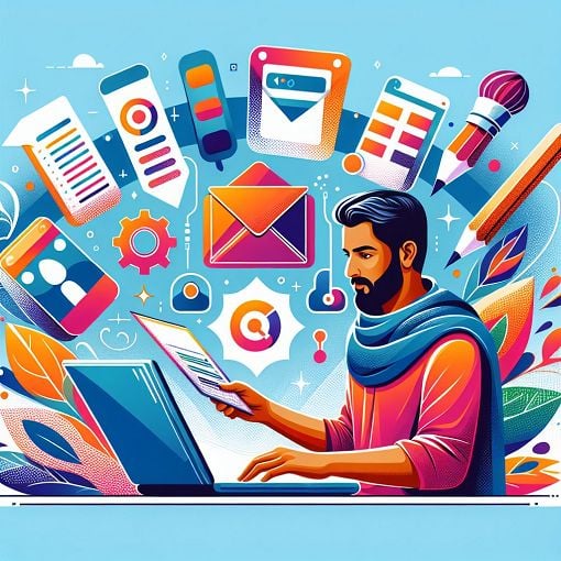 An engaging and colorful illustration representing computer skills and assessments, featuring a person taking an online quiz with icons of various computer tools and applications in the background.