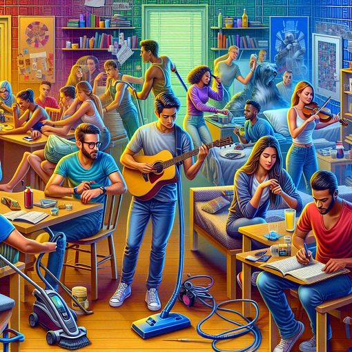 A vibrant illustration depicting a lively dormitory scene at an imaginary place called SKOFO, capturing a diverse group of students engaging in various activities like partying, cleaning, and socializing.