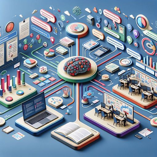 An engaging infographic depicting competency-based training concepts, with visuals of assessment tools, knowledge sharing, and a training environment.