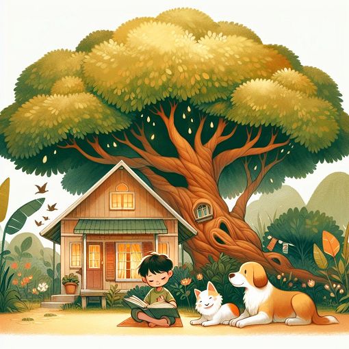 A cozy village scene with a welcoming cottage, a tree, and a boy reading a book with a dog by his side, styled like a children's illustration.