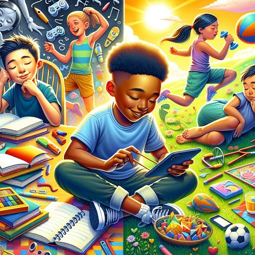 A whimsical, colorful illustration of four diverse children engaging in various activities like studying, exercising, gaming, and relaxing outdoors, surrounded by fun and playful elements like books, sports equipment, and snacks.