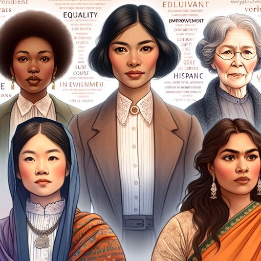 Generate an image depicting diverse women activists throughout history, symbolizing strength, equality, and empowerment, with inspirational quotes in the background.