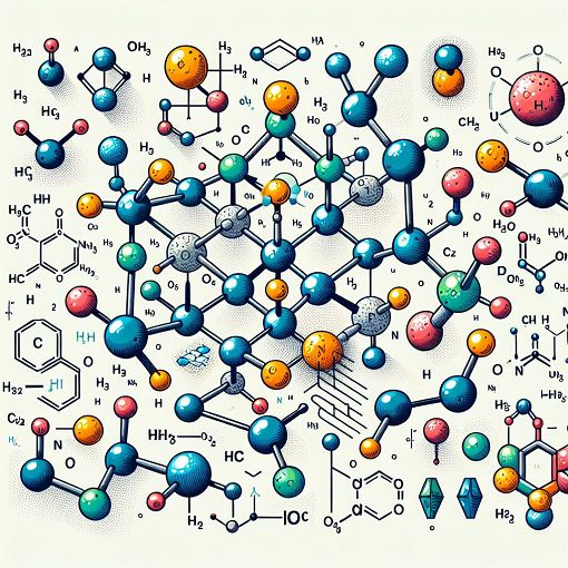 A visually engaging illustration of molecular structures and bonding in organic chemistry, showcasing various atoms and their interactions in a colorful and educational style.