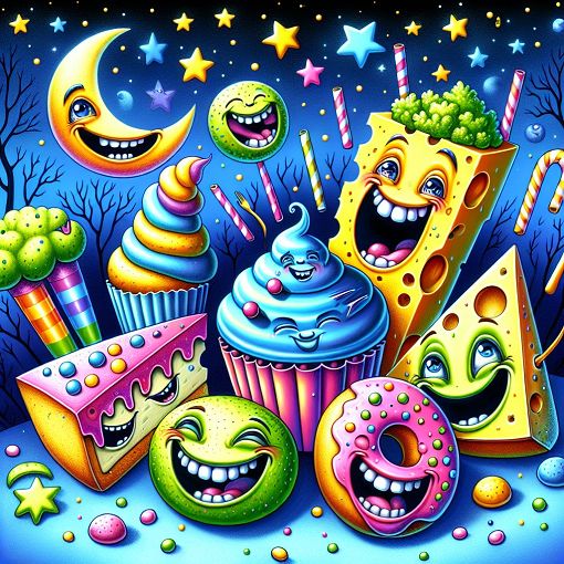 A whimsical and colorful illustration of various quirky snacks with cartoon-like features, surrounded by fun, surreal elements in a nighttime setting, emphasizing humor and lightheartedness.