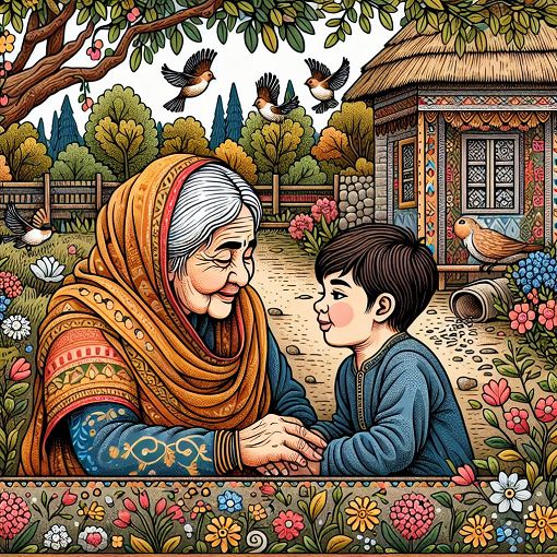 A vibrant illustration of a grandmother and grandson in a serene village setting, evoking emotions of love and nostalgia, with elements of nature like sparrows and flowers around them.