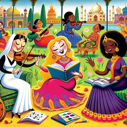 A whimsical illustration of diverse queens sitting together in a vibrant palace garden, each representing different musical genres and cultures, engaging in various activities like reading, painting, and laughing.