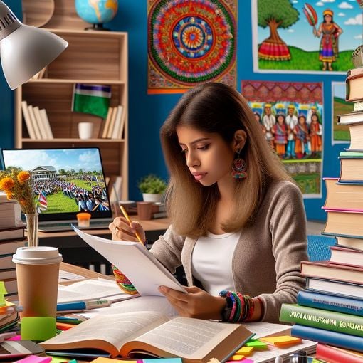 Create an image of a student studying with books related to Panchayat exams, surrounded by a colorful and engaging learning environment.