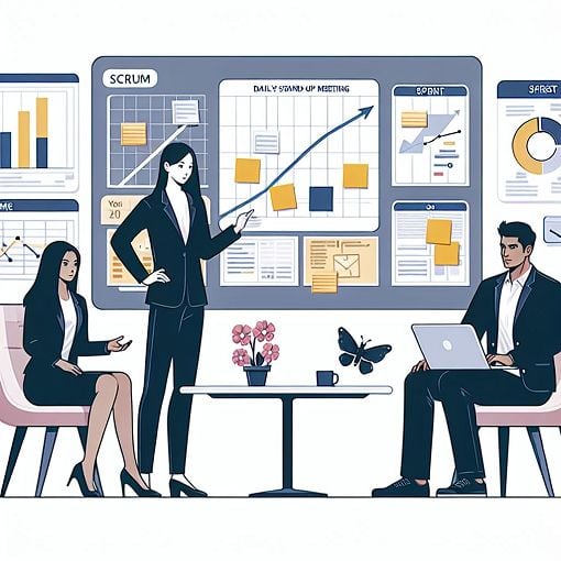 A vibrant visual representation of Agile and Scrum concepts, featuring a daily stand-up meeting, scrum boards, and team collaboration. Include graphical elements like a burn-down chart and sprint planning artifacts.