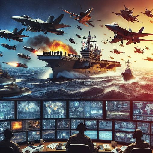 Create an image depicting a naval warfare scenario with ships, aircraft, and submarines in action, emphasizing a strategic command center overseeing the operations.