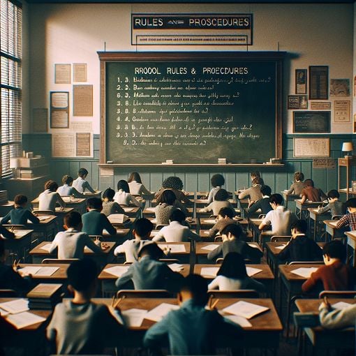 A classroom setting with students taking a quiz, displaying classroom rules and procedures on the board.