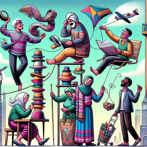 An imaginative cartoon scene depicting diverse people in amusing situations that reflect their personalities, with a whimsical, colorful style.