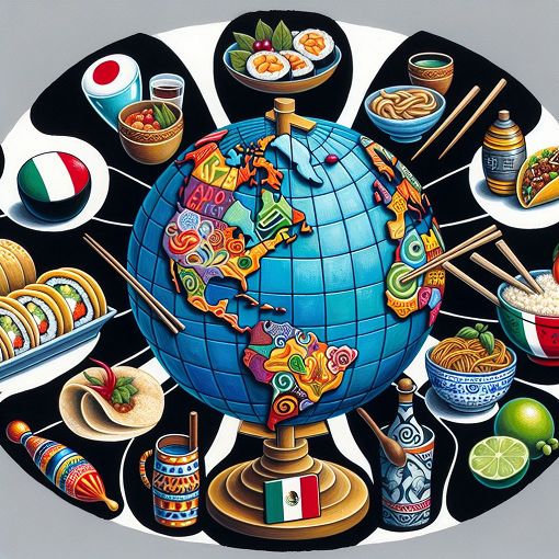 A vibrant, illustrated globe surrounded by iconic foods from various countries, such as sushi from Japan, tacos from Mexico, and pasta from Italy, with cultural symbols reflecting dining customs.