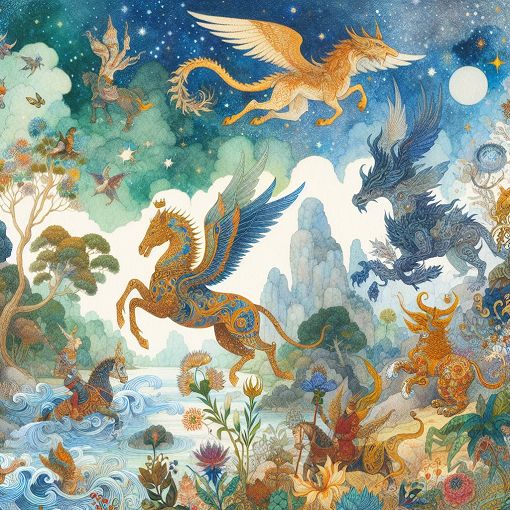 A vibrant fantasy landscape featuring various Pokemon representing their monikers, such as a princess of water and a hero of the skies, in a whimsical and colorful style.