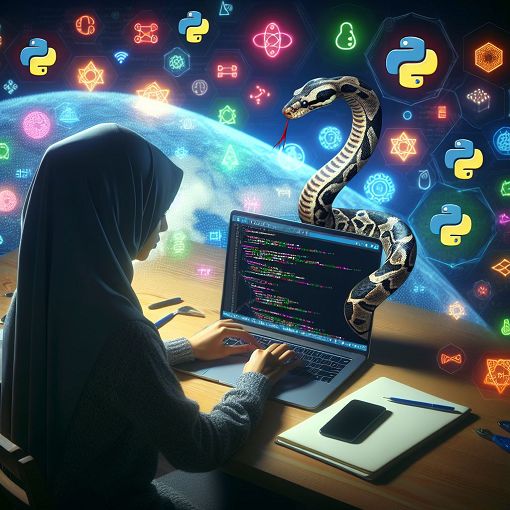 Create an engaging illustration showing a person coding on a laptop with Python-related elements such as a snake, code snippets, and colorful programming icons.