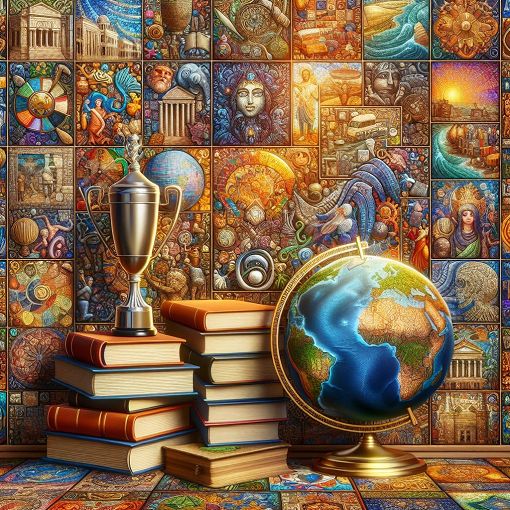 A colorful collage featuring various symbols of knowledge, such as books, a globe, and a quiz trophy, set against a vibrant background that represents different cultures and histories.