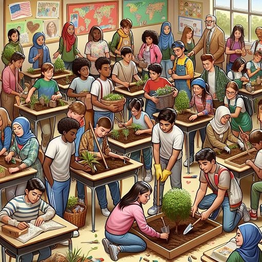 Create an image of a classroom setting with diverse students engaged in community service activities like planting trees and helping others, emphasizing cooperation and empathy.