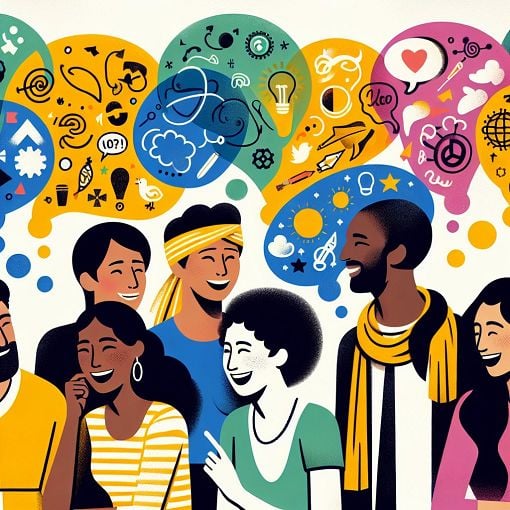 A vibrant illustration of diverse people engaged in deep conversations, surrounded by thought bubbles that represent differing ideas and emotions.