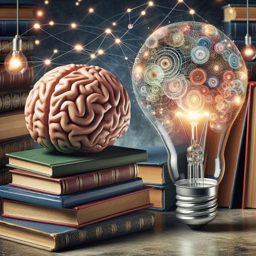 A visually appealing illustration of books, a brain, and a light bulb, symbolizing learning and vocabulary improvement.