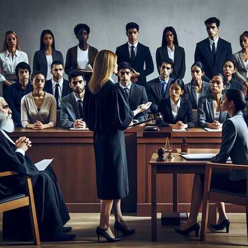 A courtroom scene depicting a criminal trial, with a judge, jury, and both prosecution and defense lawyers in action, conveying a sense of justice and legal proceedings.