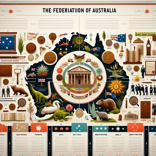 A historical timeline of Australia's Federation with images of the six colonies, significant figures like Sir Henry Parkes, and elements of the Australian Constitution, in an educational and engaging style.