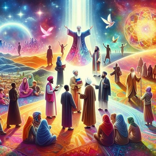 A vibrant illustration depicting various cultures and landscapes, showcasing missionaries engaging with local communities and spreading the message of faith.