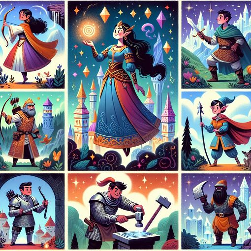 A whimsical illustration of various characters from a fantasy world, showcasing different personalities and traits, with vibrant colors and imaginative backgrounds.