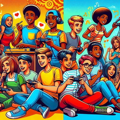 A colorful and humorous illustration showing various young men socializing, playing video games, and interacting with a diverse group of women, capturing the essence of camaraderie and modern youth culture.