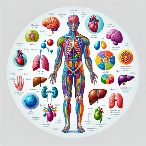 An educational illustration depicting various parts of the human body, labeled and colorful, designed for a quiz on human anatomy.