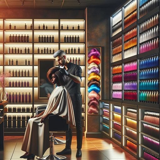 Create an image of a professional hair salon setting, featuring hair color products, a stylist at work, and vibrant hair color samples, with an inviting atmosphere that suggests expertise and creativity.