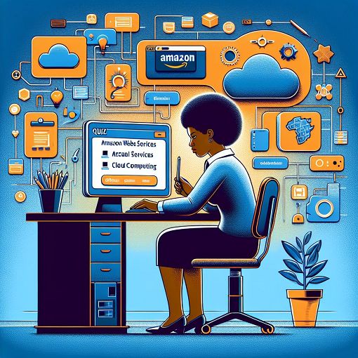 Generate an image of a person taking an online quiz on AWS concepts, surrounded by icons representing cloud computing, databases, and storage solutions.