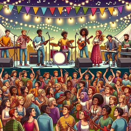 A vibrant and colorful illustration of a music festival scene, with a crowd enjoying live performances, various musical instruments, and a backdrop of festival banners and lights.