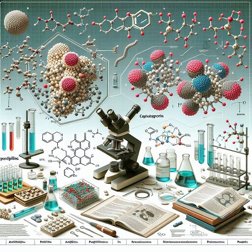 A visually engaging illustration of antibiotics, particularly penicillins and cephalosporins, showcasing their structures and mechanisms of action in a laboratory setting.