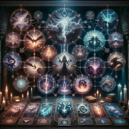 Create a fantasy-themed illustration depicting mystical tarot cards, ancient gods, and a mysterious setting reminiscent of a dark fantasy world.