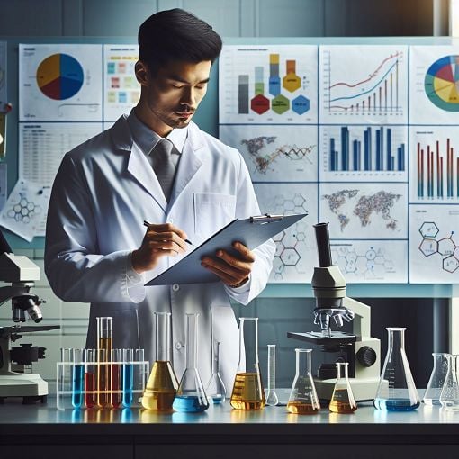 Create an image of a laboratory setting with equipment like beakers, test tubes, and a microscope. Include elements that represent analytical chemistry, such as graphs, chemical formulas, and a person in a lab coat analyzing data.