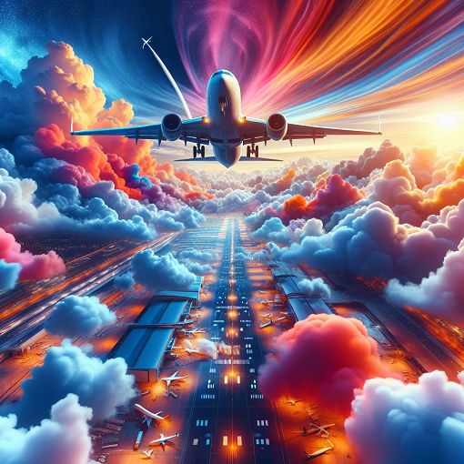 A vibrant and colorful artistic representation of an airplane flying above clouds with a background of an airport, symbolizing air travel and aviation management.