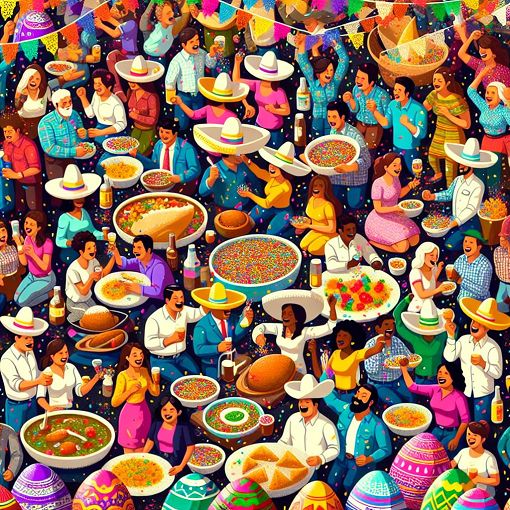 A colorful and festive scene depicting a cultural festival with people celebrating, traditional Tex-Mex food, and vibrant cascarones being used at festivities.