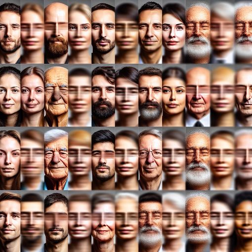 A visually striking image depicting a series of facial portraits with some blurred or obscured faces, emphasizing the challenge of recognizing individuals and the theme of prosopagnosia.