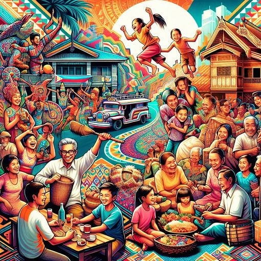 A vibrant illustration of Filipino citizens participating in community activities, representing citizenship and identity, with elements of Philippine culture in the background.