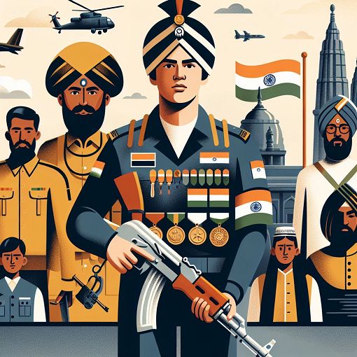 An engaging and informative illustration depicting various aspects of the Indian Army, including soldiers, emblems, and significant landmarks in a patriotic style.