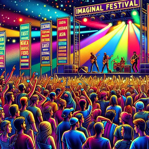 A colorful and vibrant illustration of a music festival featuring fictional band names and playful scenes of people enjoying music, with bright colors and a lively atmosphere.