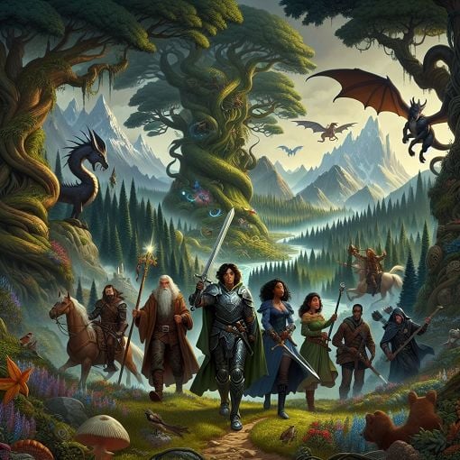 A fantasy landscape with iconic elements from the Lord of the Rings, featuring lush forests, mystical creatures, and a sense of adventure.