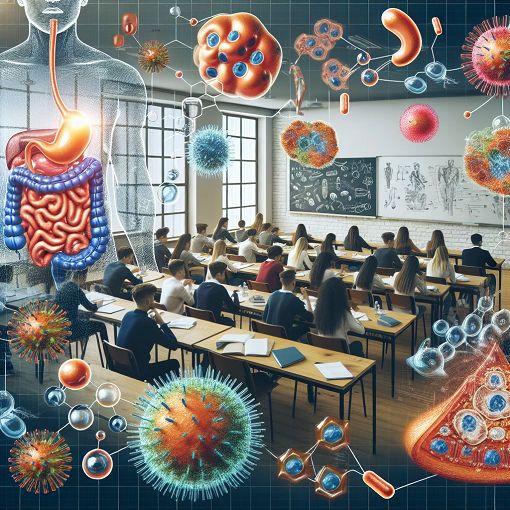 An engaging illustration featuring a vibrant classroom setting with students studying biology, illustrations of cells, digestive systems, and enzymes displayed on the walls.