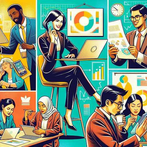 A vibrant and engaging illustration of public service ethics and professionalism, featuring diverse public servants collaborating in a positive work environment.