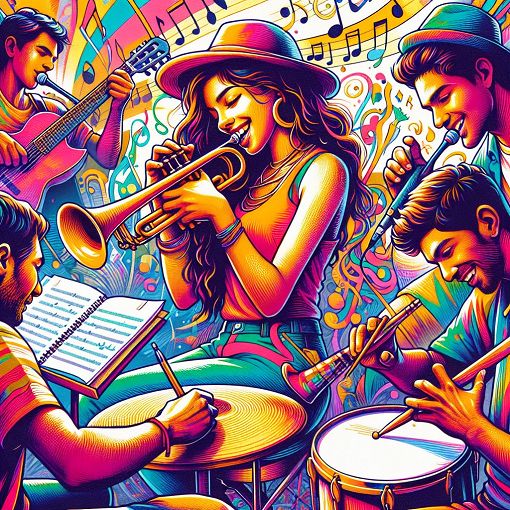 A colorful and lively illustration of a band rehearsal scene, featuring different musicians engaging in fun and relatable activities, set in a cheerful environment.