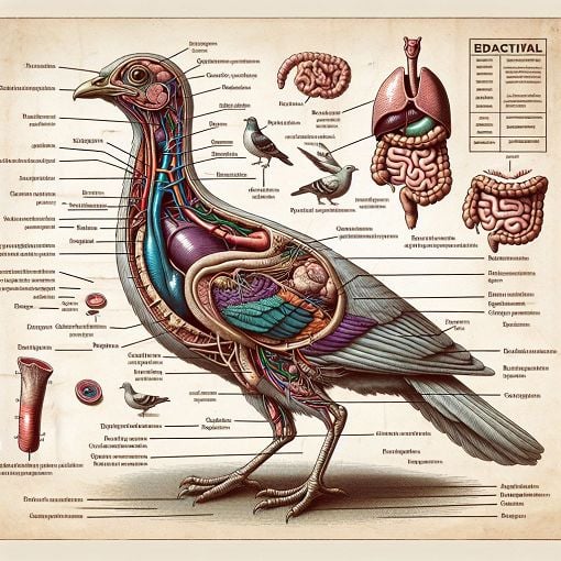 A detailed anatomical diagram of birds with various labeled parts including digestive and respiratory systems, in a clinical setting, educational style